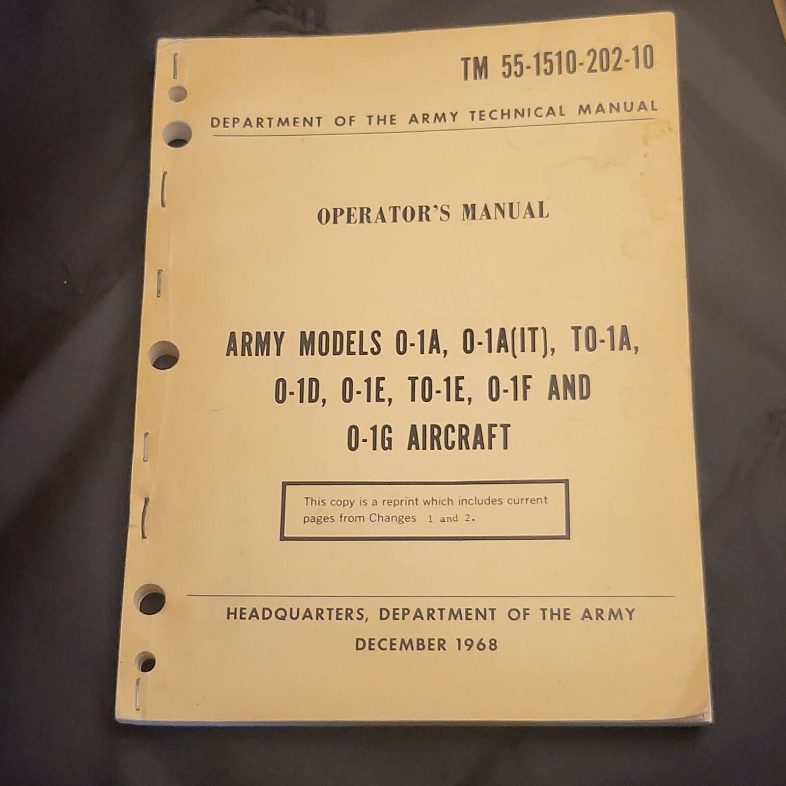 Department of the Army 0-1 Aircraft TM 55-1510-202-10 Operator's Manual HQ 1968