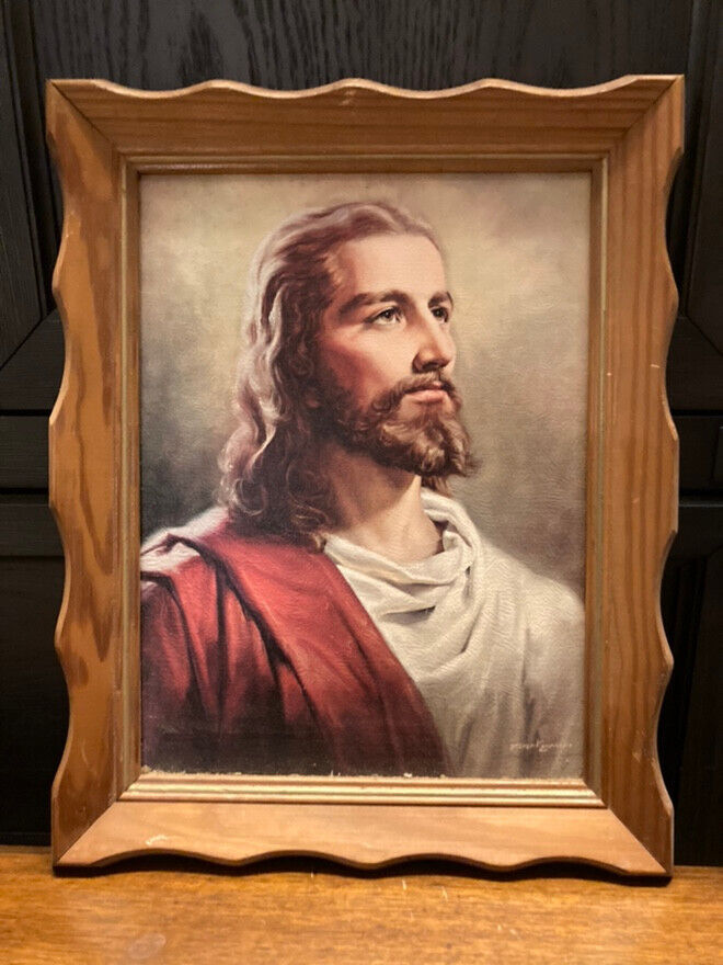 Vintage Framed Lithograph Head Of Christ Jesus by Peter V. Bianchi