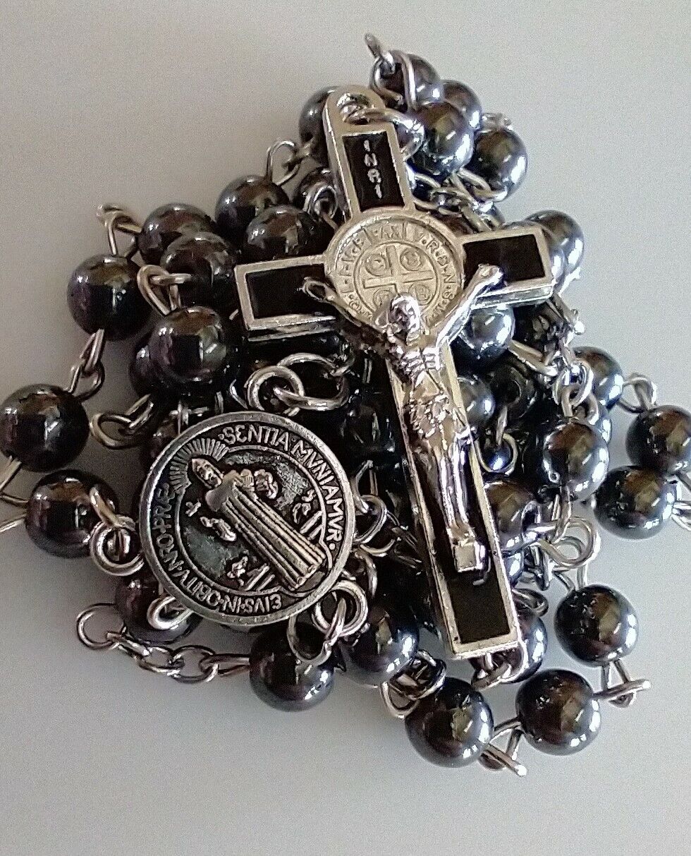 Catholic Hematite Rosary Black Enamel St Benedict Men Women 