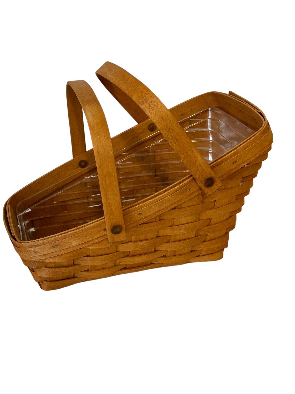 Vintage Longaberger Basket Handwoven Slanted Double Swing Handles Liner 1994
