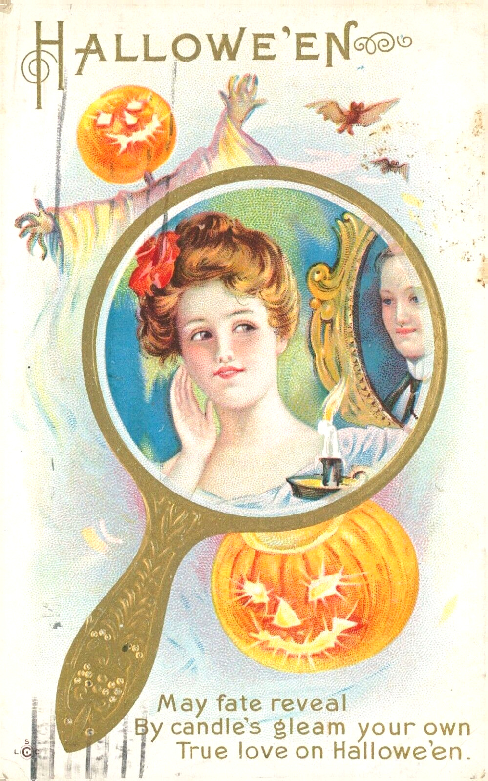 Early 1900's LSC. Co. Series #248 Halloween Postcard Pumpkin, Lady in Mirror-FUN