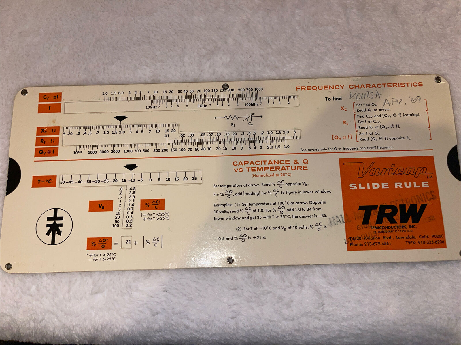 Varicap Slide Rule TRW Semi Conductors 1967 Perrygraf Vintage