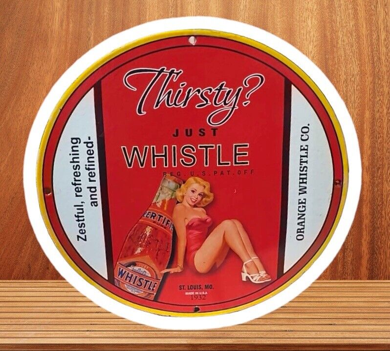RARE THIRSTY JUST WHISTLE ORANGE PINUP GIRL PORCELAIN GAS SERVICE OIL PUMP SIGN