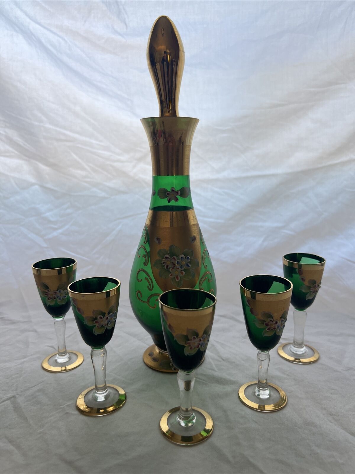 Vtg Seyei Victorian Glass Bar Set Decanter Green Glass w/ Dessert Flutes Enamel