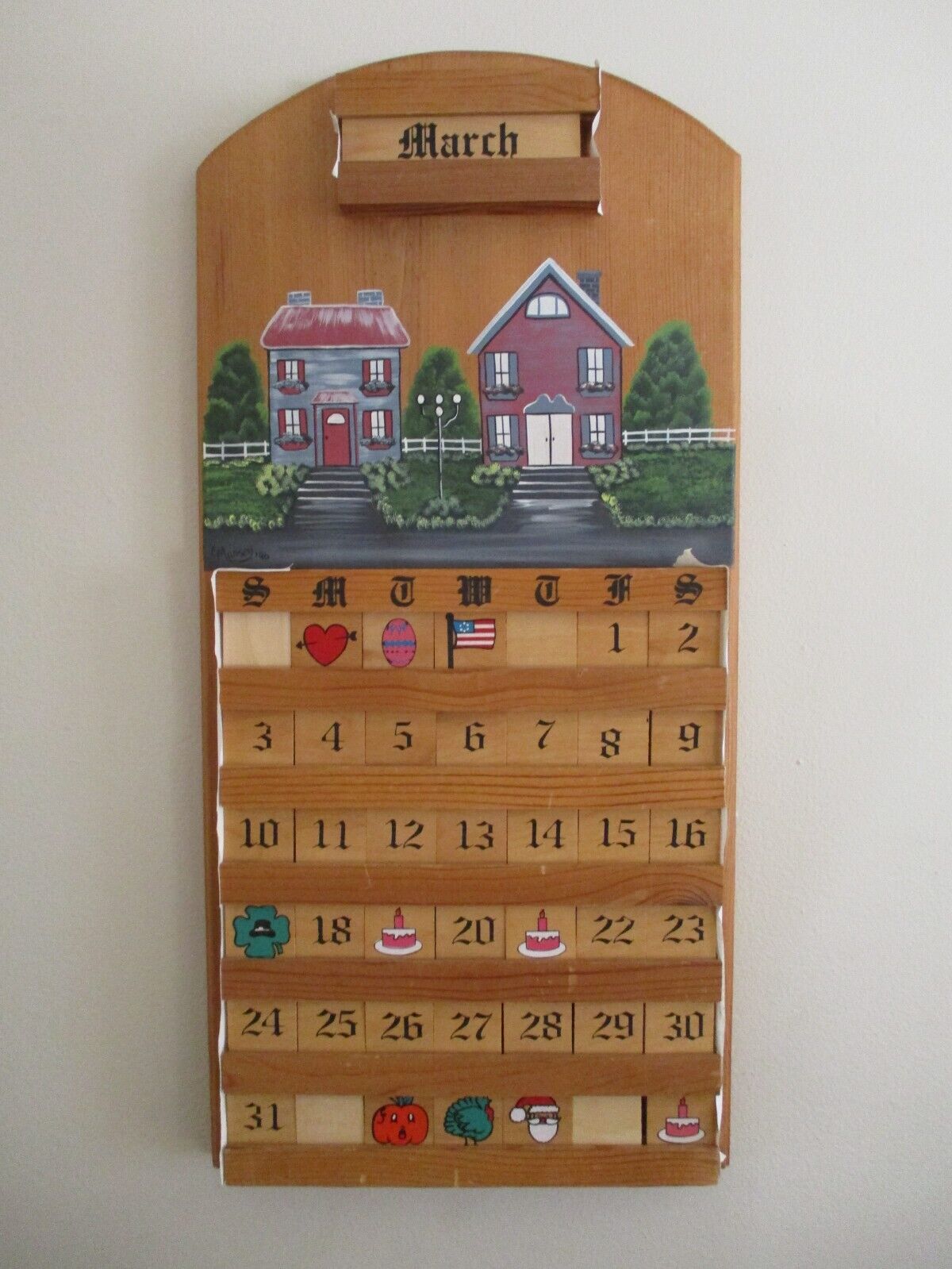 Vintage Wood Work Perpetual Calendar  12 Mos. 31 Days Holiday's Hand Painted 