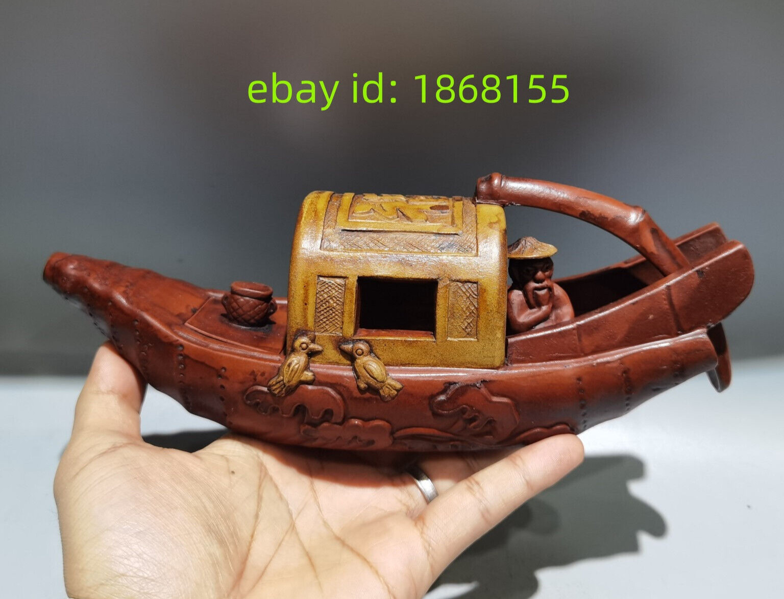 9.5″Yixing Zisha clay fisherman fishing boat statue Kung Fu tea Exquisite teapot