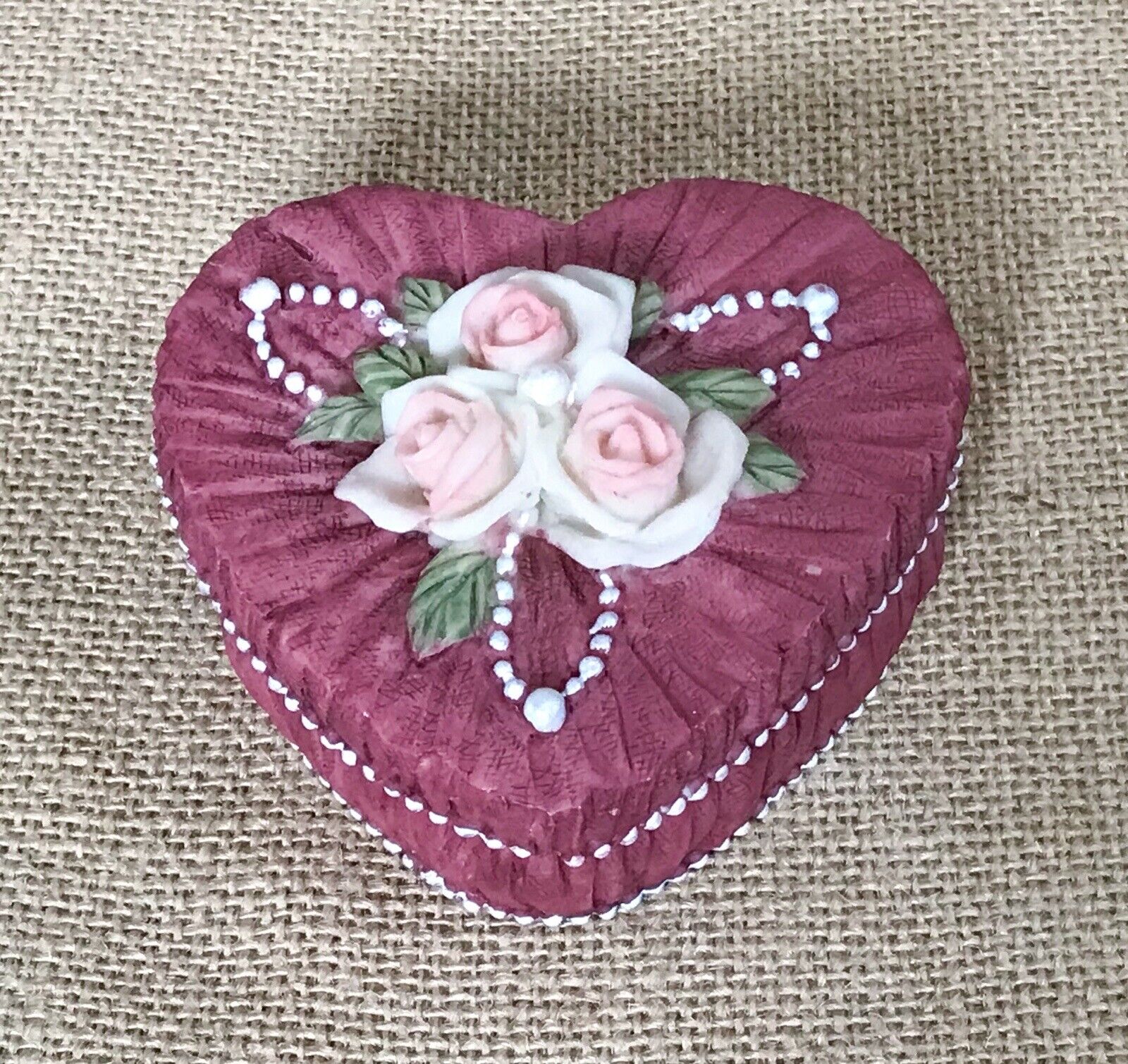 Vintage 1995 Dezine Rose Heart Textured Resin Trinket Box Flowers