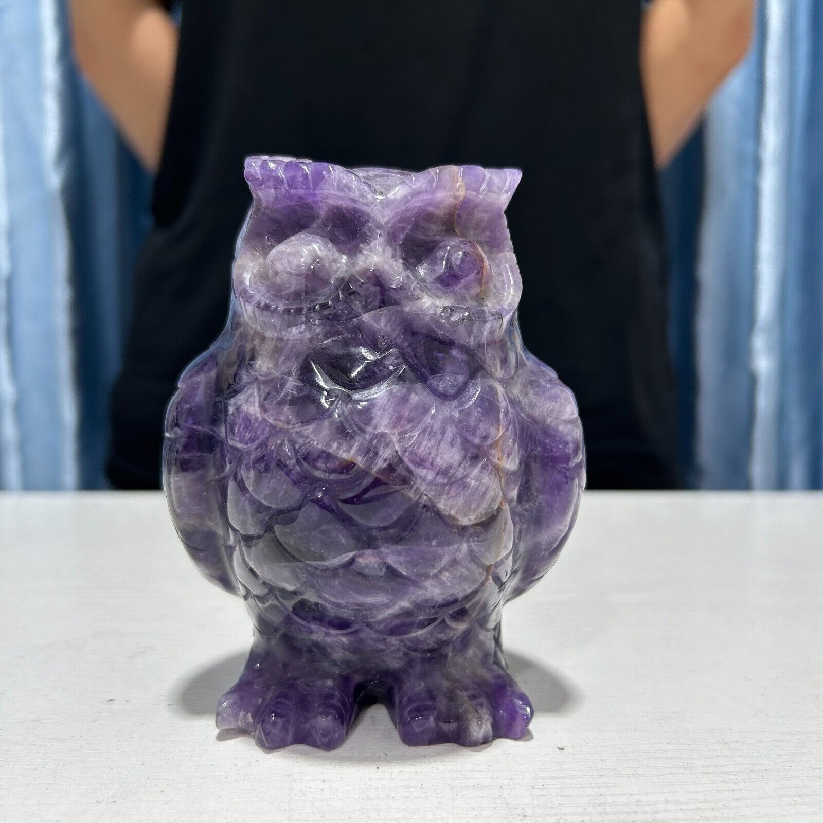 2.5LB 4.6\'\'Natural Dream Amethyst Owl Statue Crystal Quartz Carving Healing