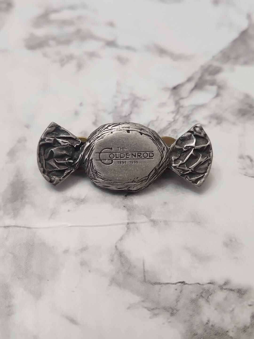 Vintage The Goldenrod 1896 1996 Pewter Candy Shaped Lapel Pin Hat Pin Tie Tack