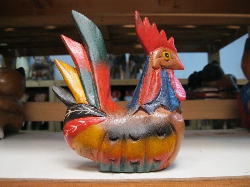 Wooden Chicken Rooster Wood Carved Hand Painted Decor Figurine Statue Primitive