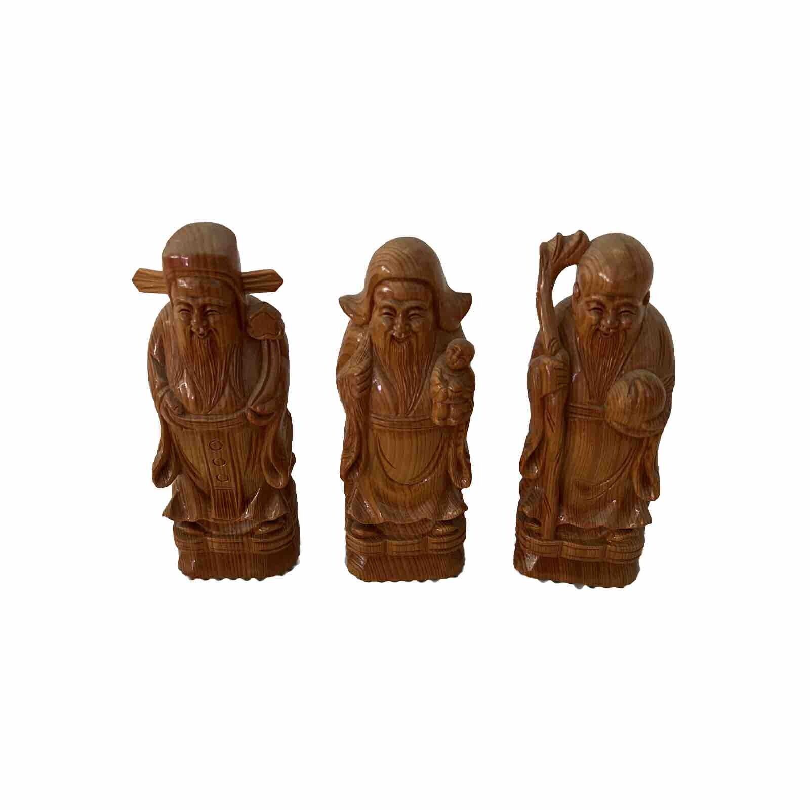 Vintage Three Carved Wood Asian Figurines, Chinese 3 Taoism Emperor Kings