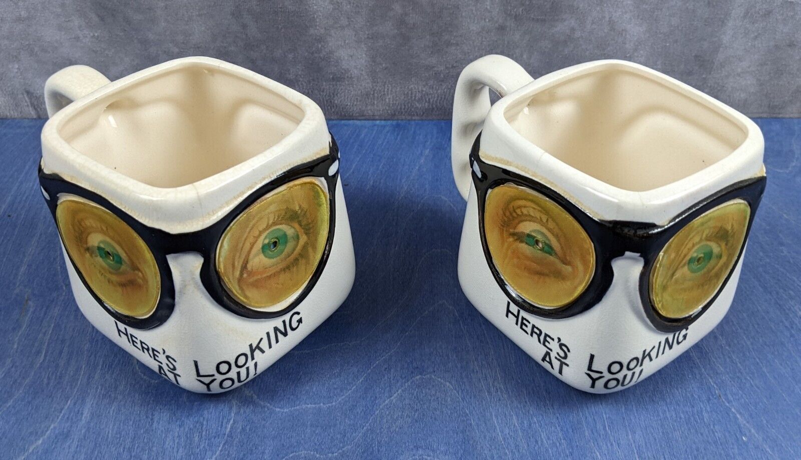 Lot of 2 Vintage 1959 Parksmith Corp - Here's Looking At You Ceramic Coffee Mugs