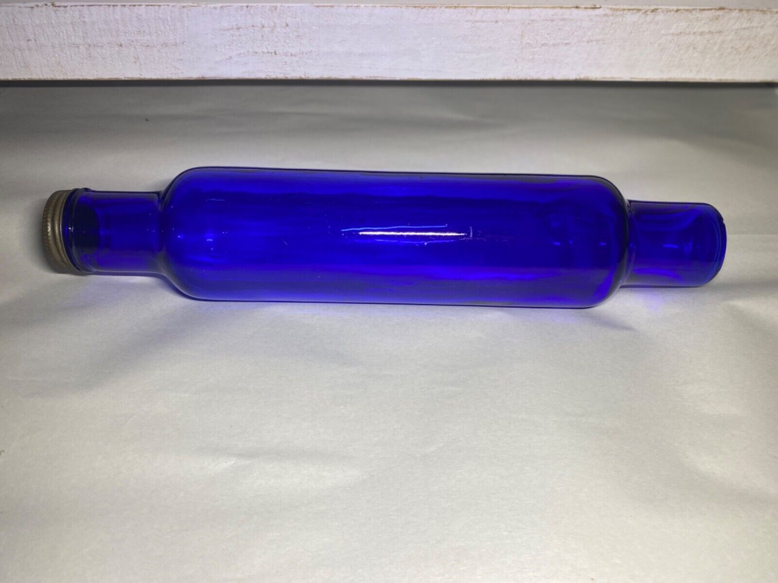 Vintage Cobalt Blue Glass Hollow Rolling Pin Metal Cap 13 7/8\'\' long