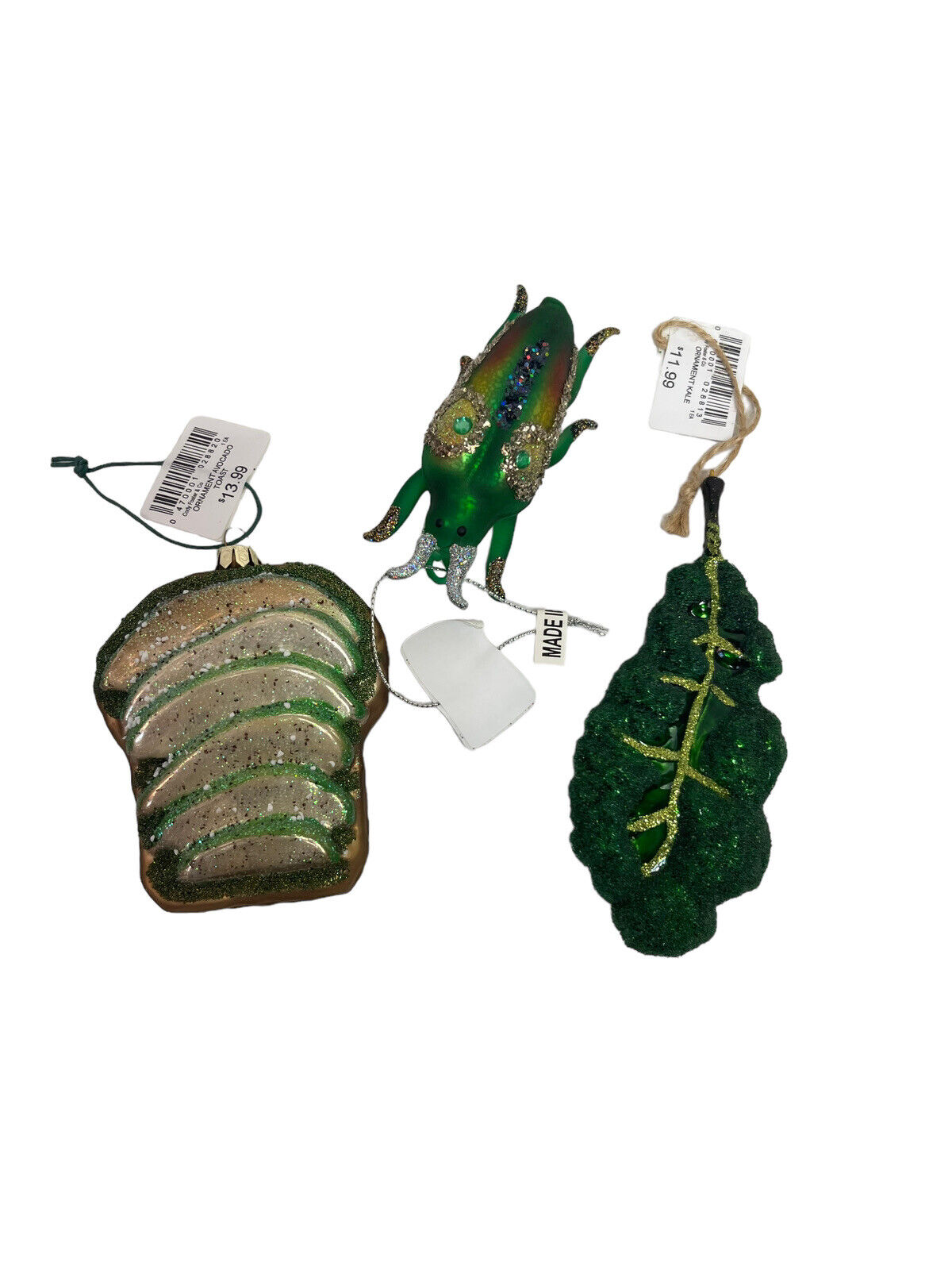 3 Nature Vegan Christmas Ornaments Blown Glass Kale Beetle Avocado Toast