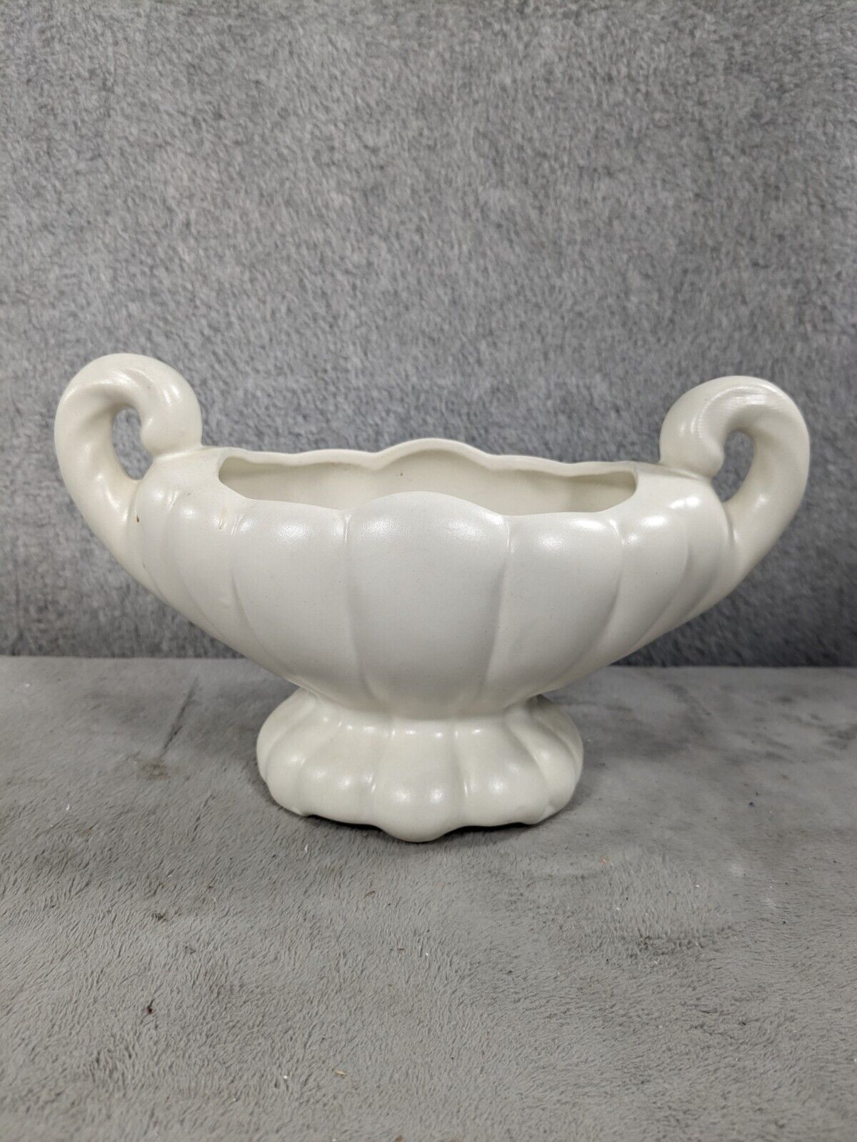 Vintage American Bisque White Planter Pot Curl Handles Rounded Ribs