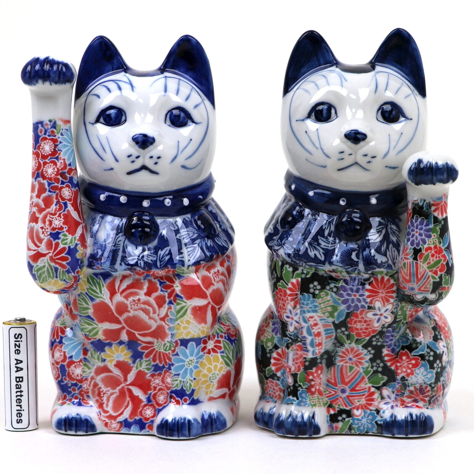 MANEKI NEKO BECKONING CAT（Floral painting）Set of 2 H175mm YUZEN porcelain JAPAN