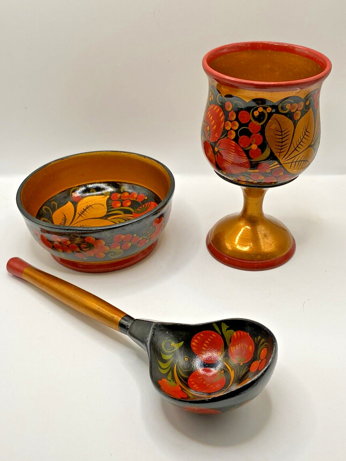 Vtg Russian Khokhloma Goblet Bowl & Spoon Hand Painted Laquered Wood