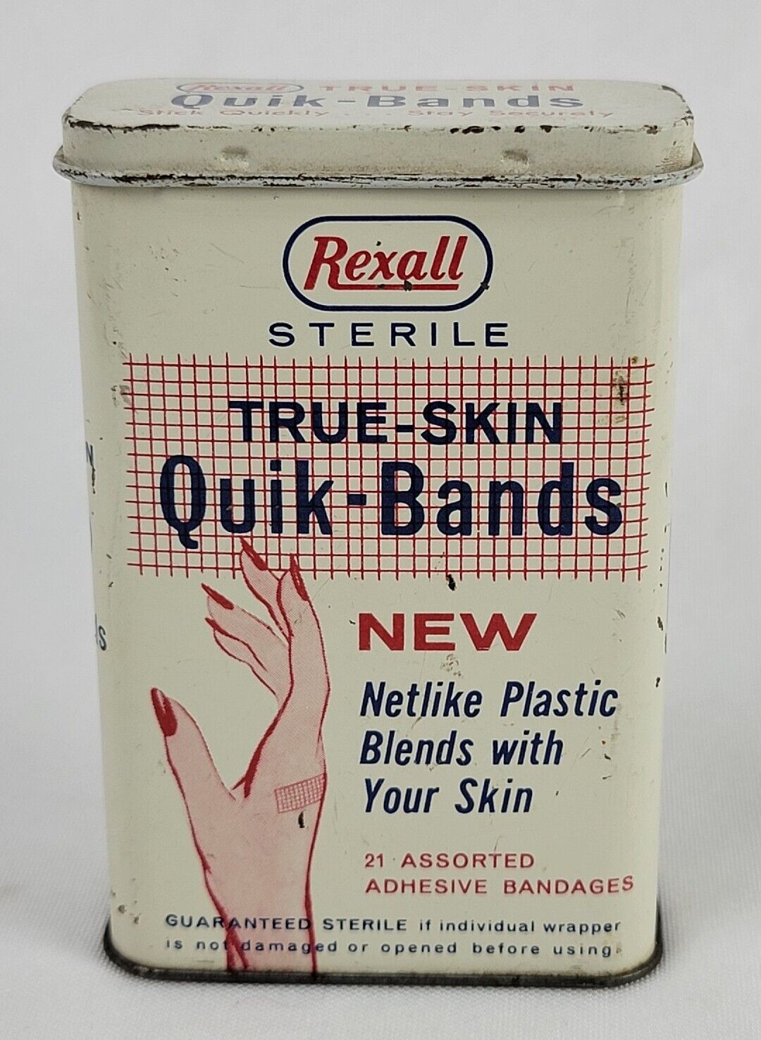 Vintage Rexall Band Aid Tin Graphic Advertising Scarce True-Skin Quik-Bands