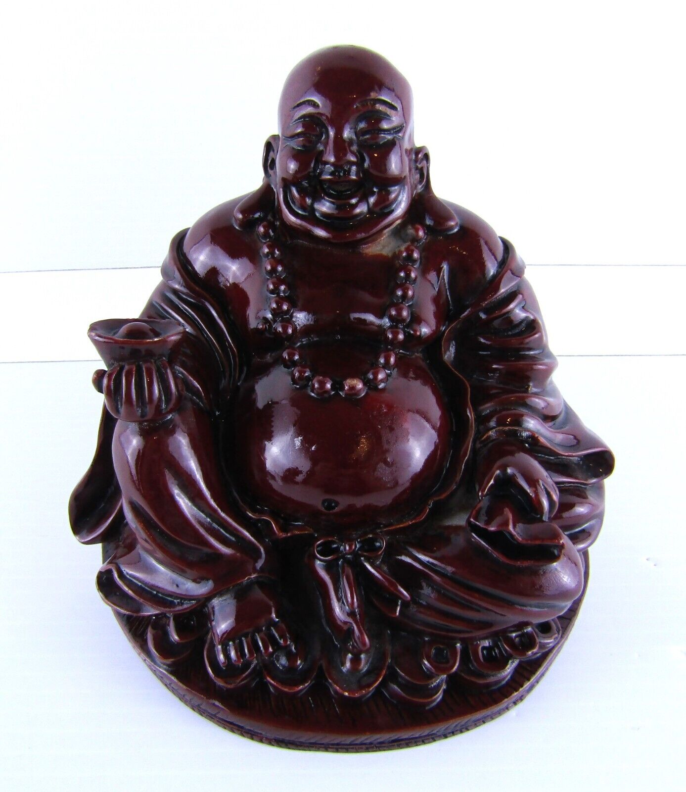 Vintage Buddha Happy Laughing Heavy Figurine Red Resin Cinnabar Look Feng Shui