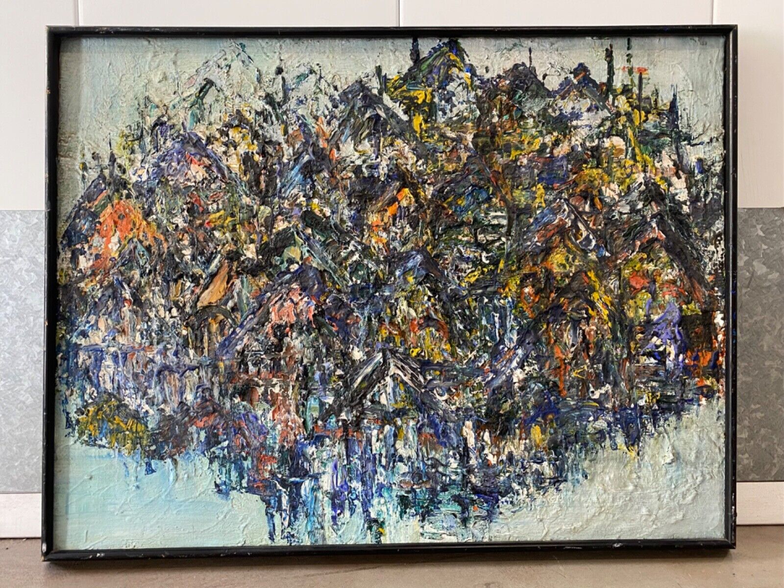 🔥 Antique Vintage Mid Century Modern Abstract Cityscape Oil Painting, Bergen 65