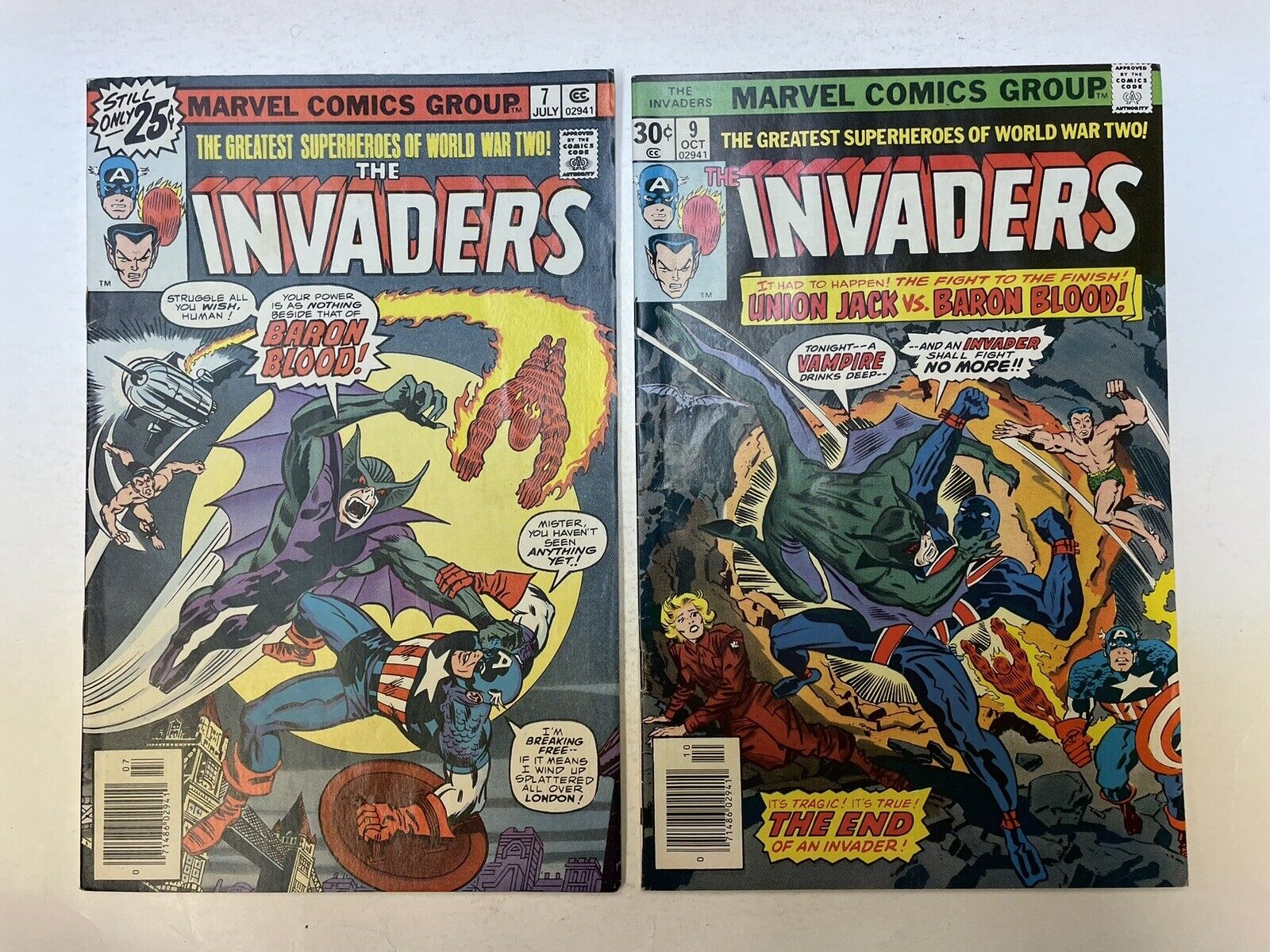 Invaders #7 & 9  1st Union Jack & Baron Blood KEY 1976 Bronze Age Marvel Comics