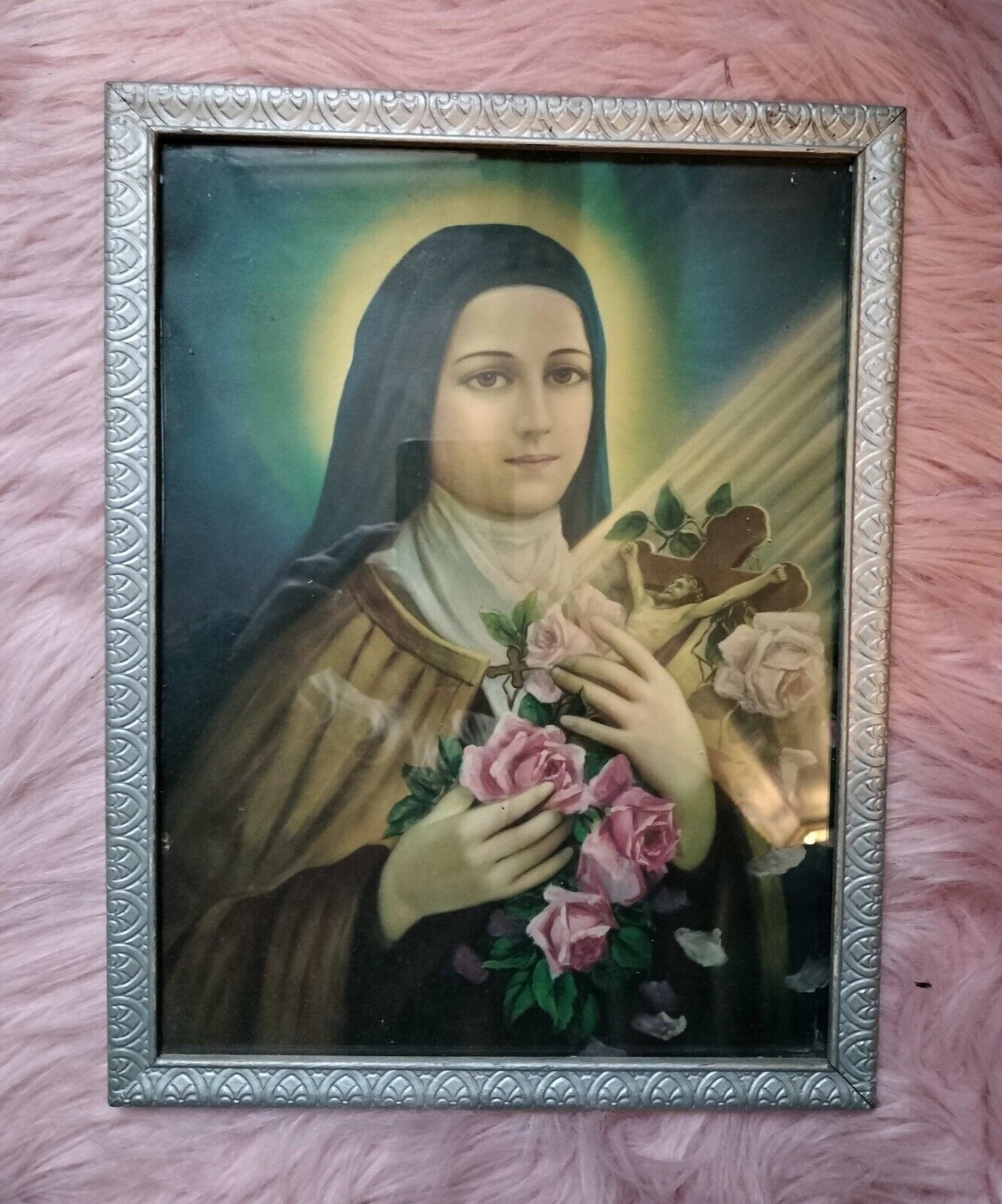 Framed Print of Young Nun with Crucifix and Roses
