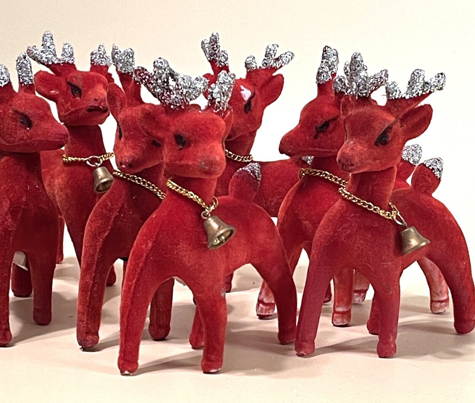 Team of 7 MidCentury Red Flock Reindeer Silver Glittered Antlers/Tail Hong Kong