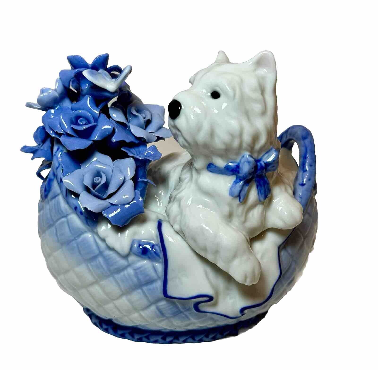 ♫ MUSIC BOX Porcelain Musical Figurine WESTIE FLOWER BASKET  West Terrier Dog