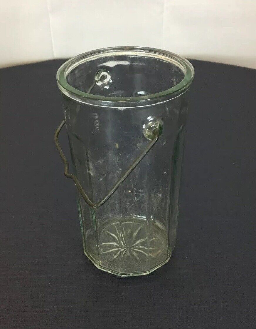 Vintage Tall Bale Handle Jar Optic Glass Westmorland Vase Farmhouse Chic 7.5
