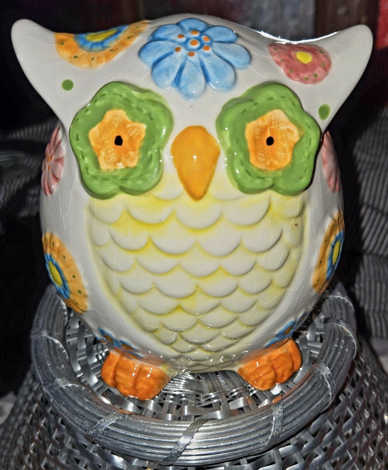 Fun Ceramic Owl Bank Flowery Colorful 1970\'s Style Boho Hippie Flower Power