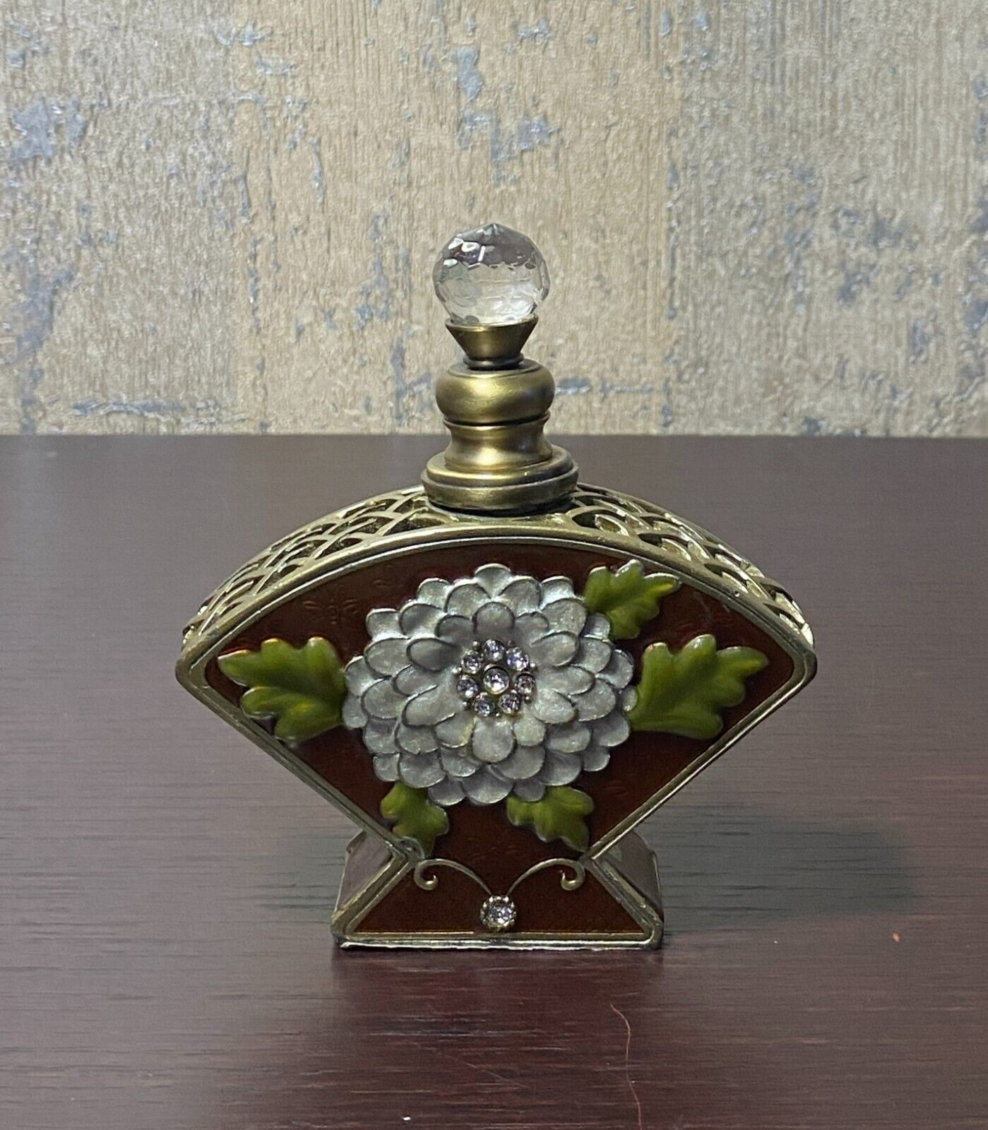 Perfume Bottle Brass Filigree Metal Epoxy Floral W/Rhinestones Screw Cap