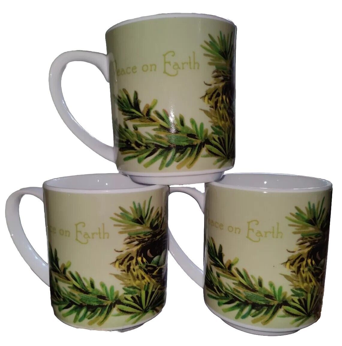 Pottery Barn Christmas Coffee Mugs 4 Peace On Earth Tea Cups Pine Nest Eggs