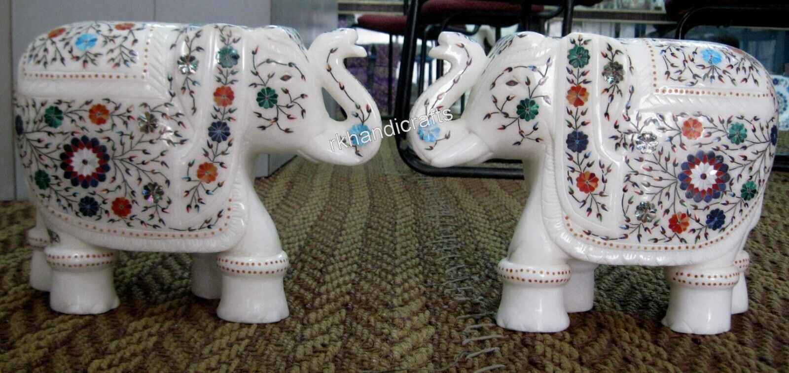 10 Inches Gemstone Inlay Work Elephant Marble Decorative Elephant Set of 2 Piece
