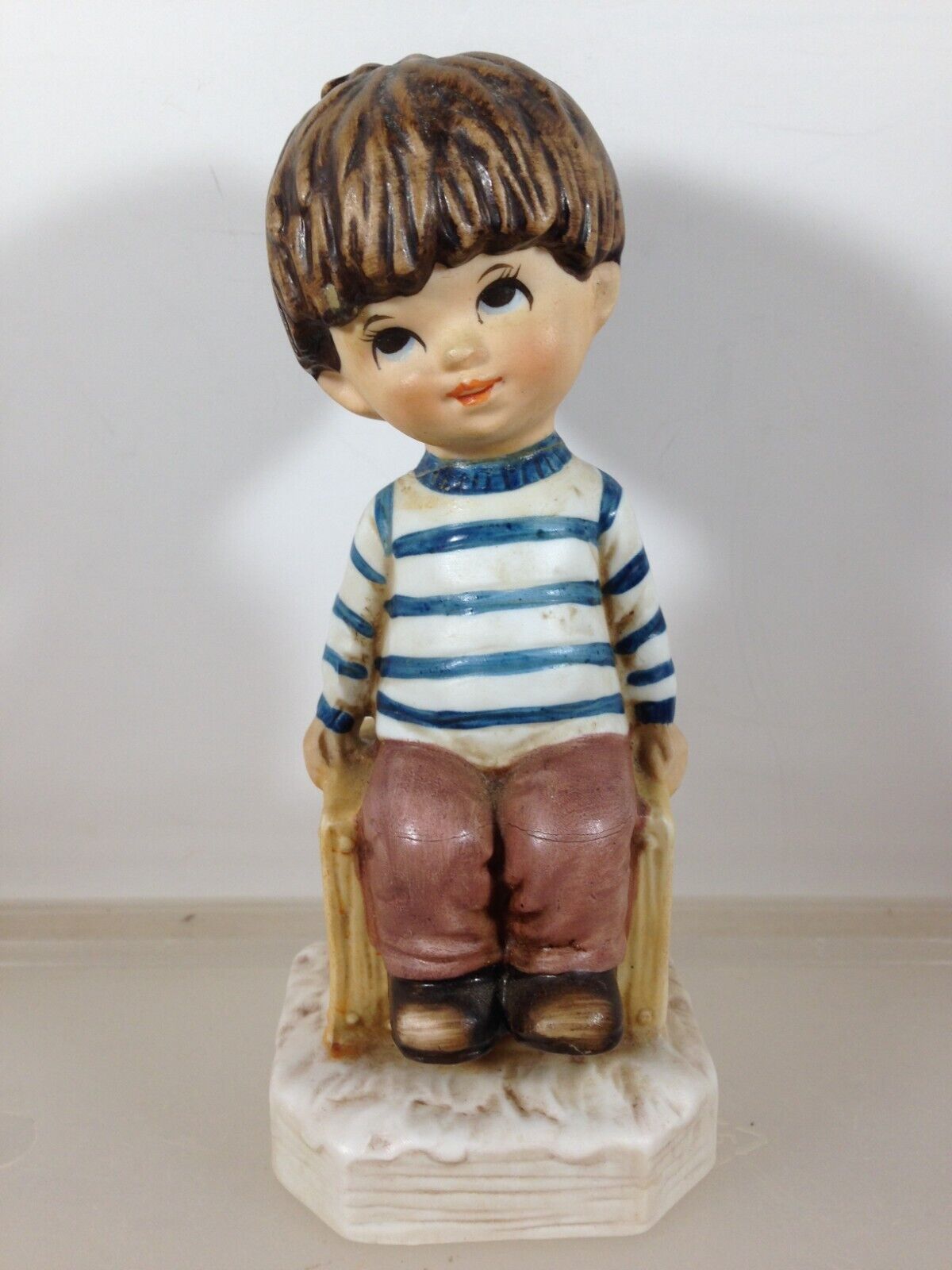 Vintage 1971 Moppets Porcelain Figurine Fran Mar Boy on Crate