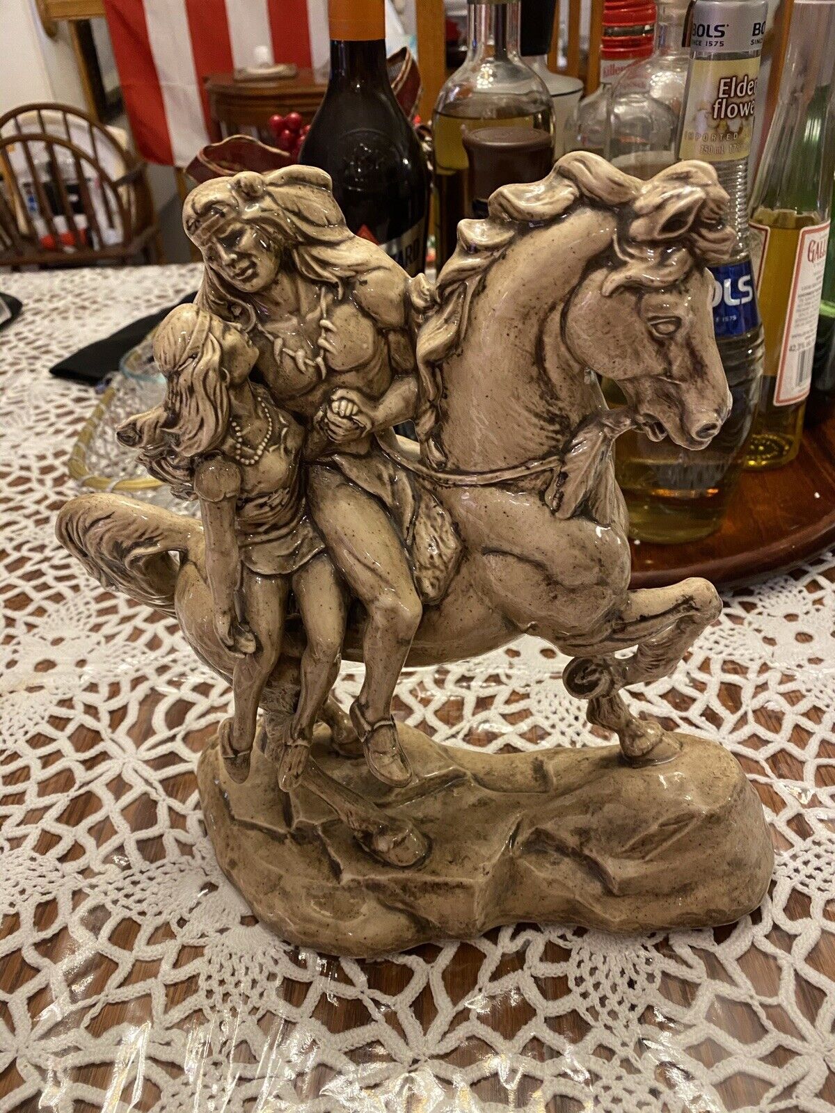 LARGE 11” Ceramic INDIAN Brave And Squaw on HORSE Figurine  Glazed