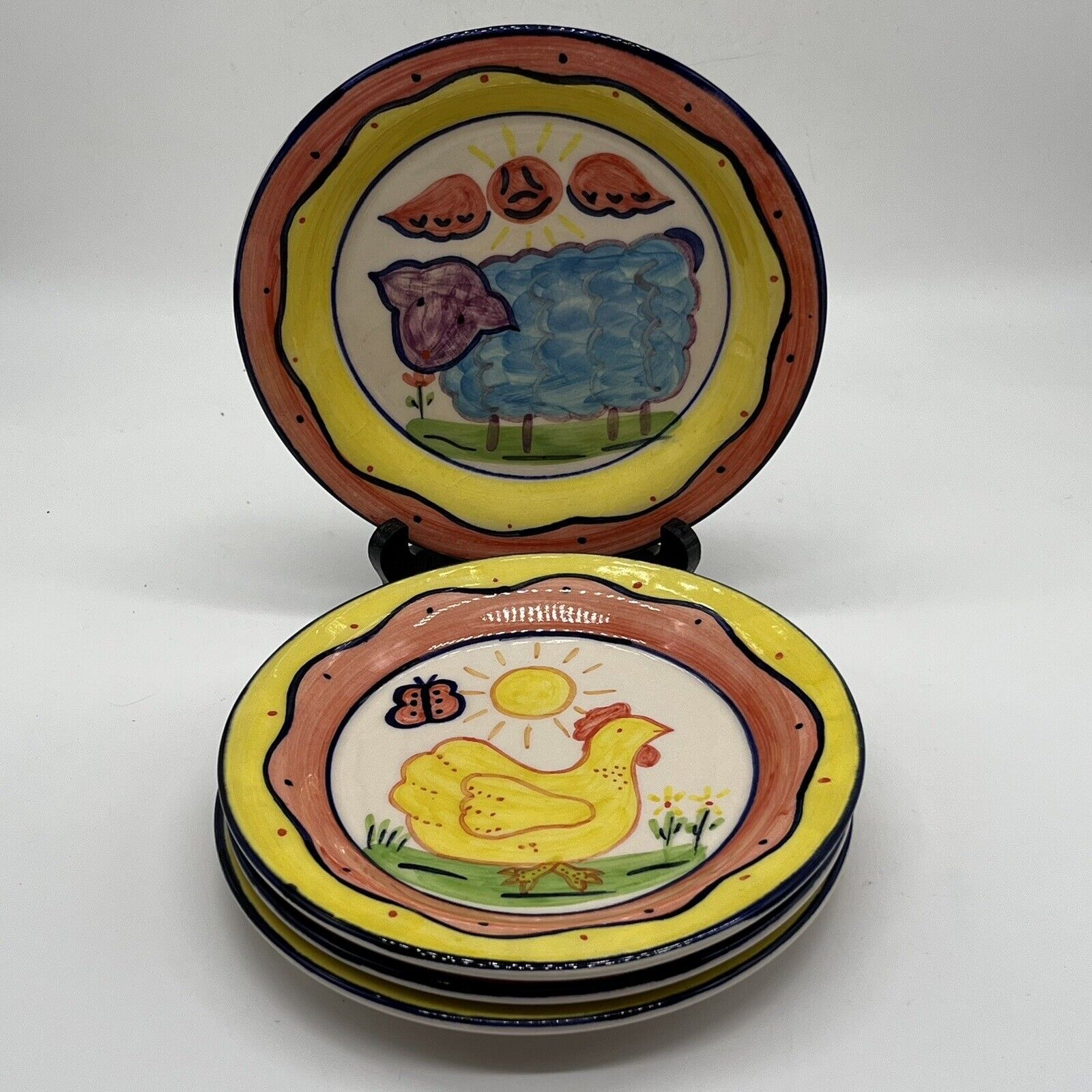 Vintage Mexican Folk Art Hand Painted Dessert Plates Artist Signed Chicken Sheep