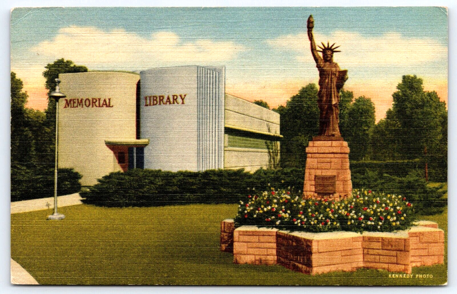 Original Vintage Antique Postcard Memorial Library Statue Of Liberty Liberal, KS