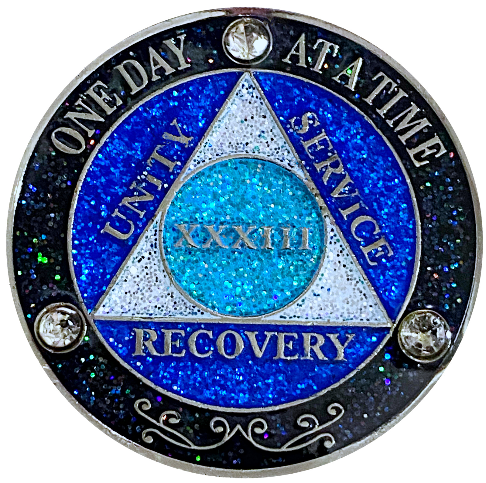 AA 33 Year Crystals & Glitter Medallion, Silver, Blue Color & 3 Crystals