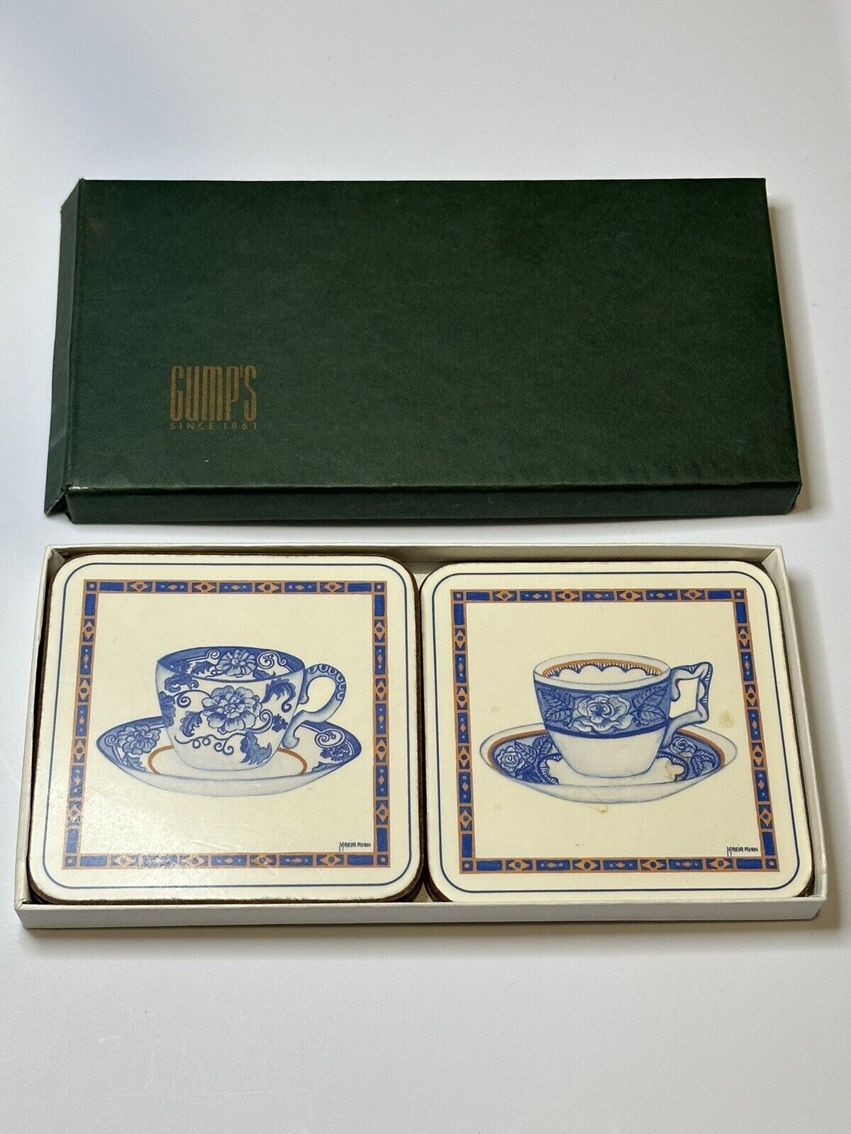 Vintage Gump’s Coaster 5pc Set Blue/white Tea Cup Made In England
