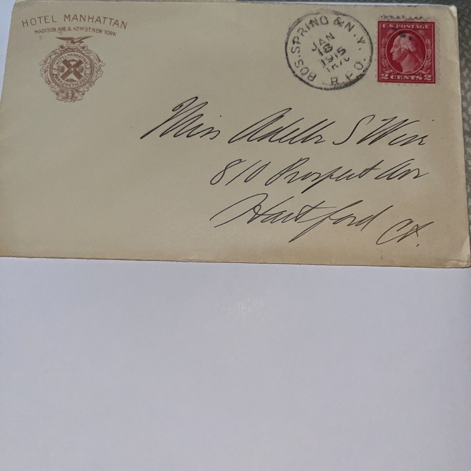 Antique 1915 Hotel Manhattan Stationary Envelope Cover New York NY to Hartford