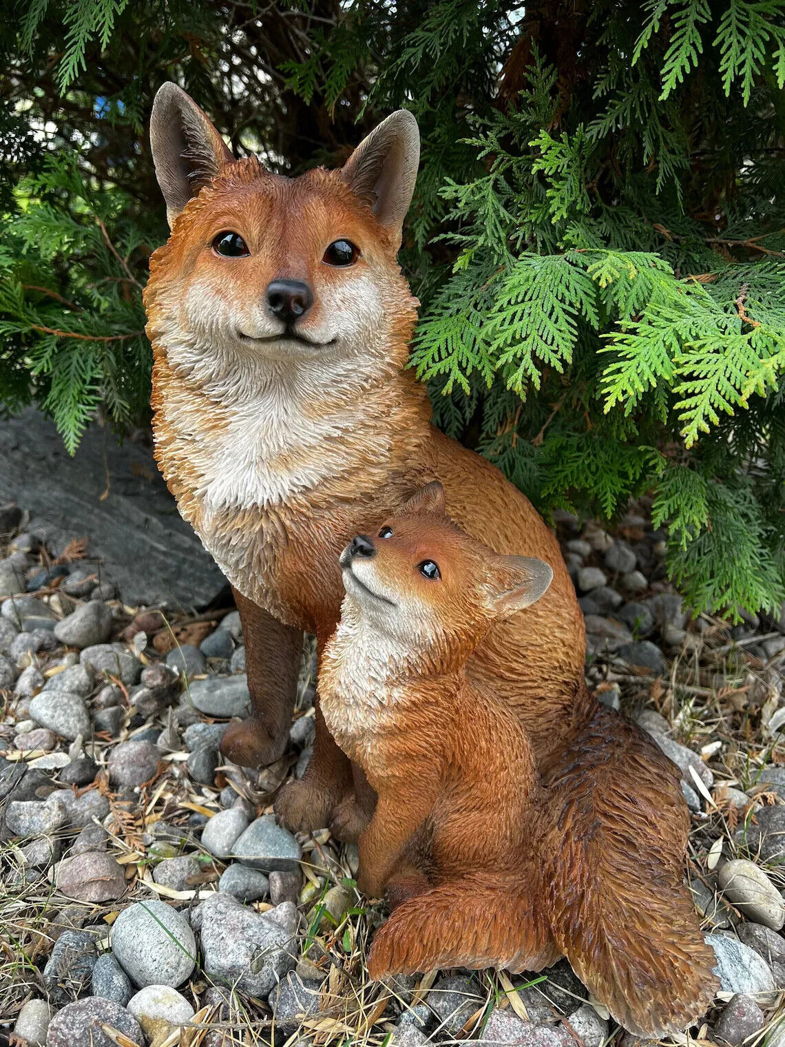 Red Fox Mother and Baby Statue Resin Yard Ornament Lawn Decor Garden Decoration