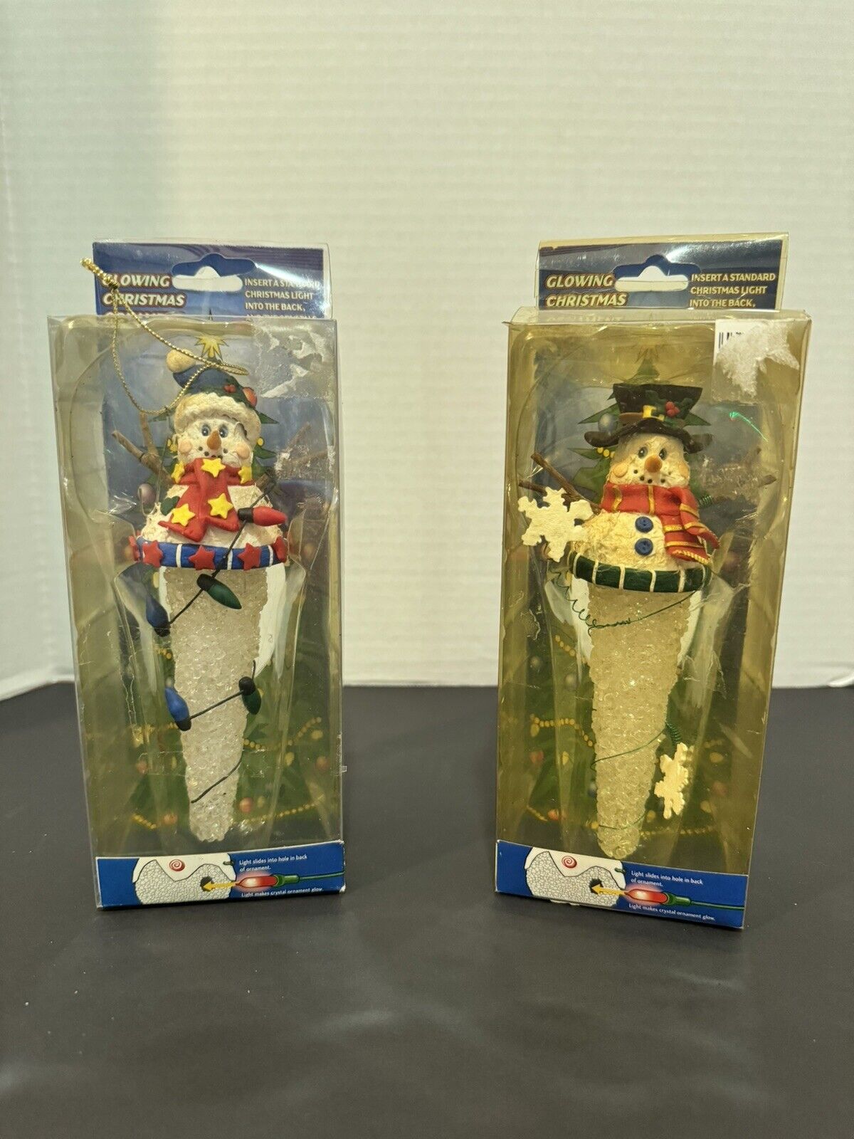 Vintage Lot Of 2 Snowmen Glowing Icicle Ornaments In Original Box RARE