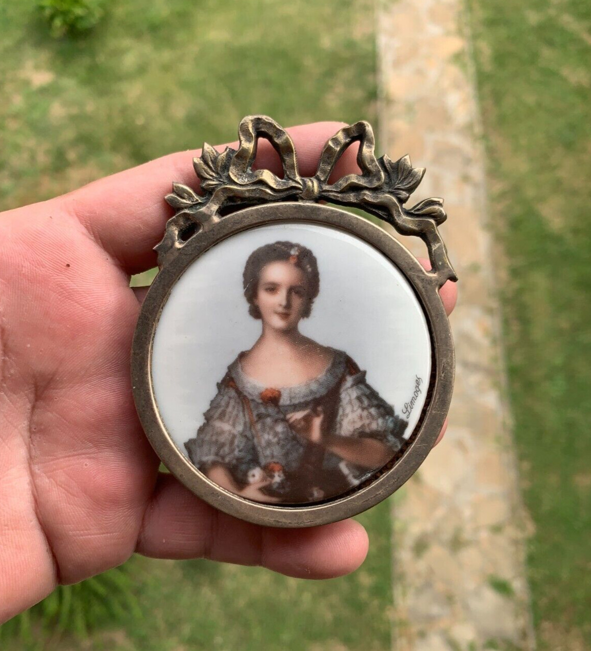 Vtg.Miniature French Hand-Painted Portrait Gild Brass Frame