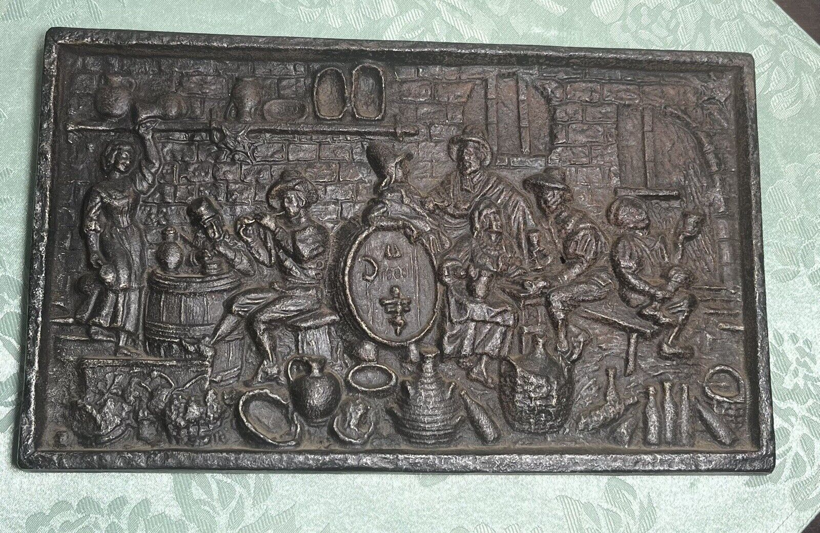 Heavy Poured Antique Cast Iron Tavern Bar Scene European Relief Plaque ~13x8”