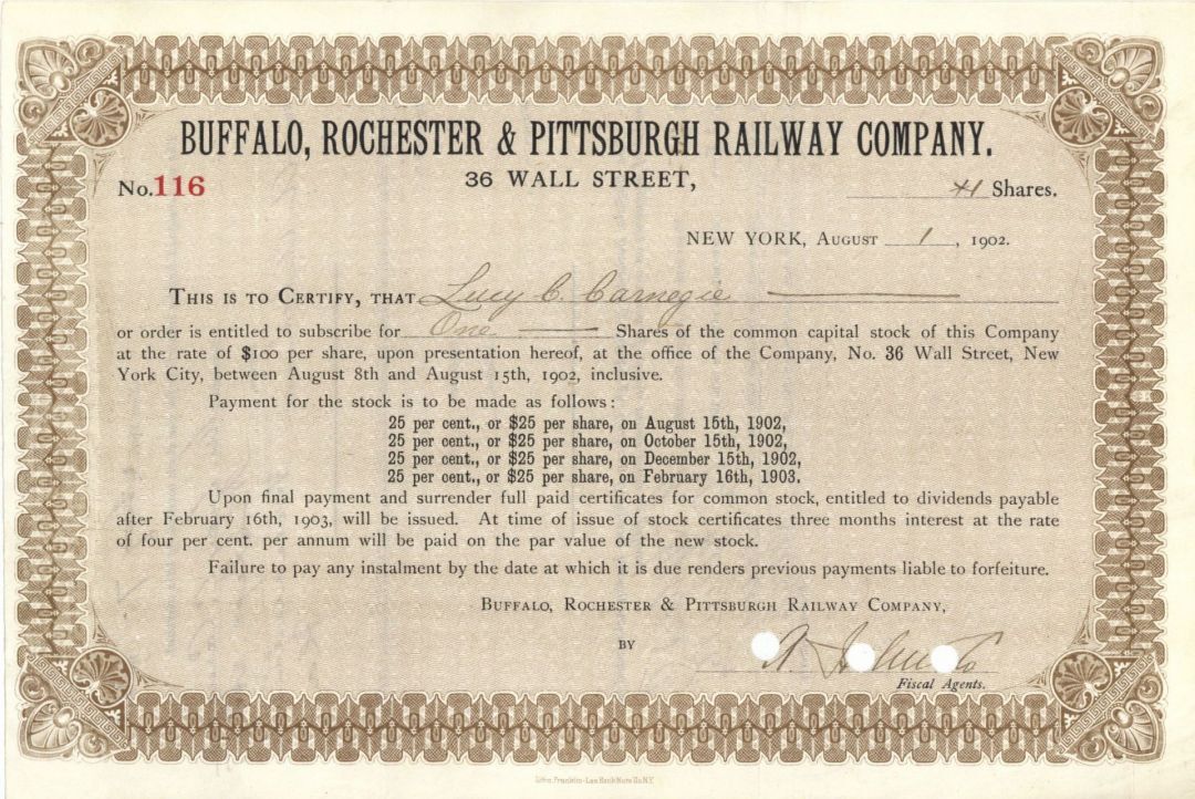Buffalo, Rochester and Pittsburgh Railway Co. issued to Lucy C. Carnegie - Autog