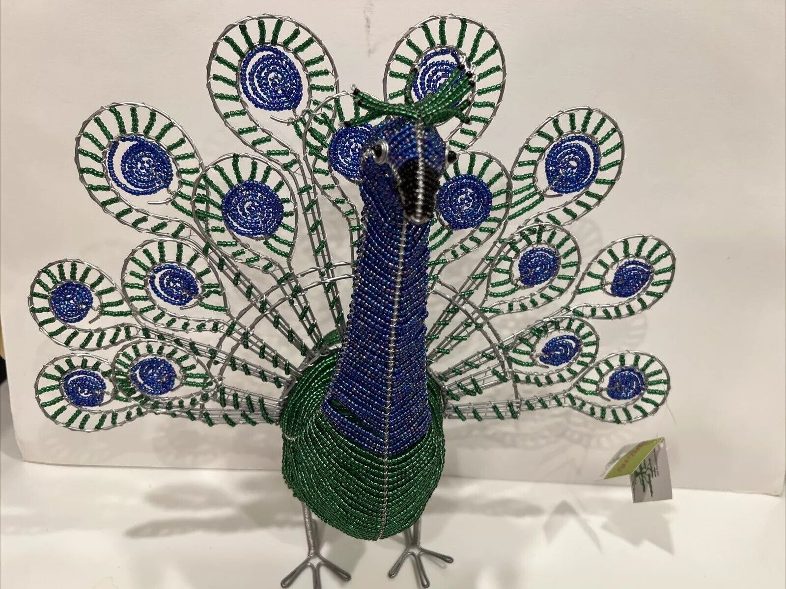 Beadworx Beaded Peacock Figurine Wire and Bead Art Freestanding Bird 16x13