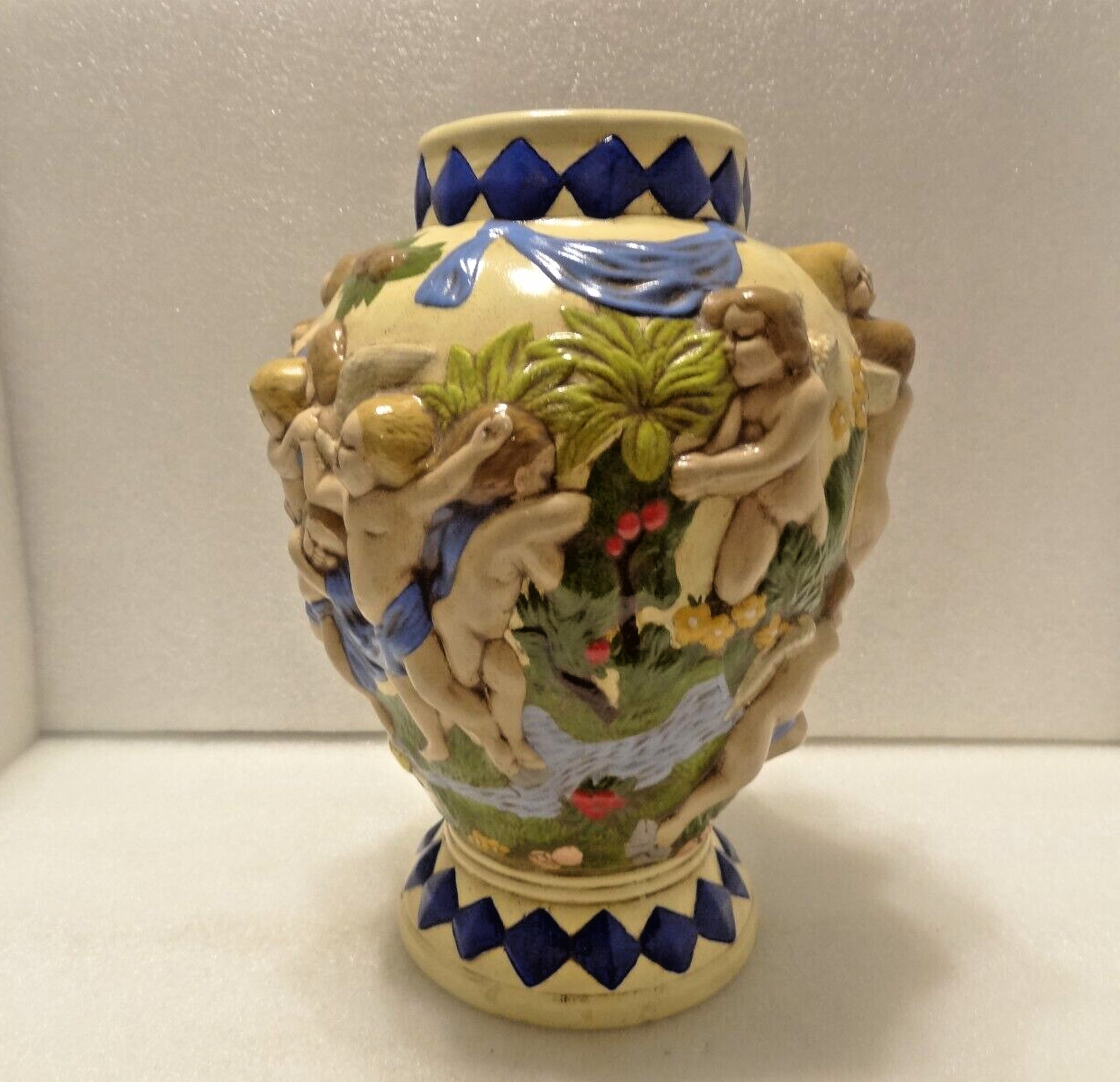 Vintage 3D Raised Angel Ceramic Vase With Winged Cherubs Decor