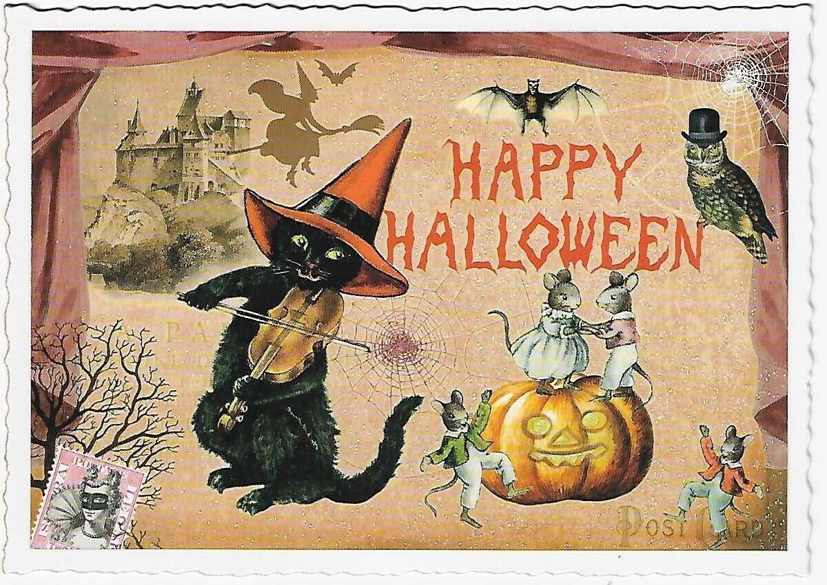 Postcard Glitter Tausendschoen Happy Halloween Cat  Violin JOL Postcrossing