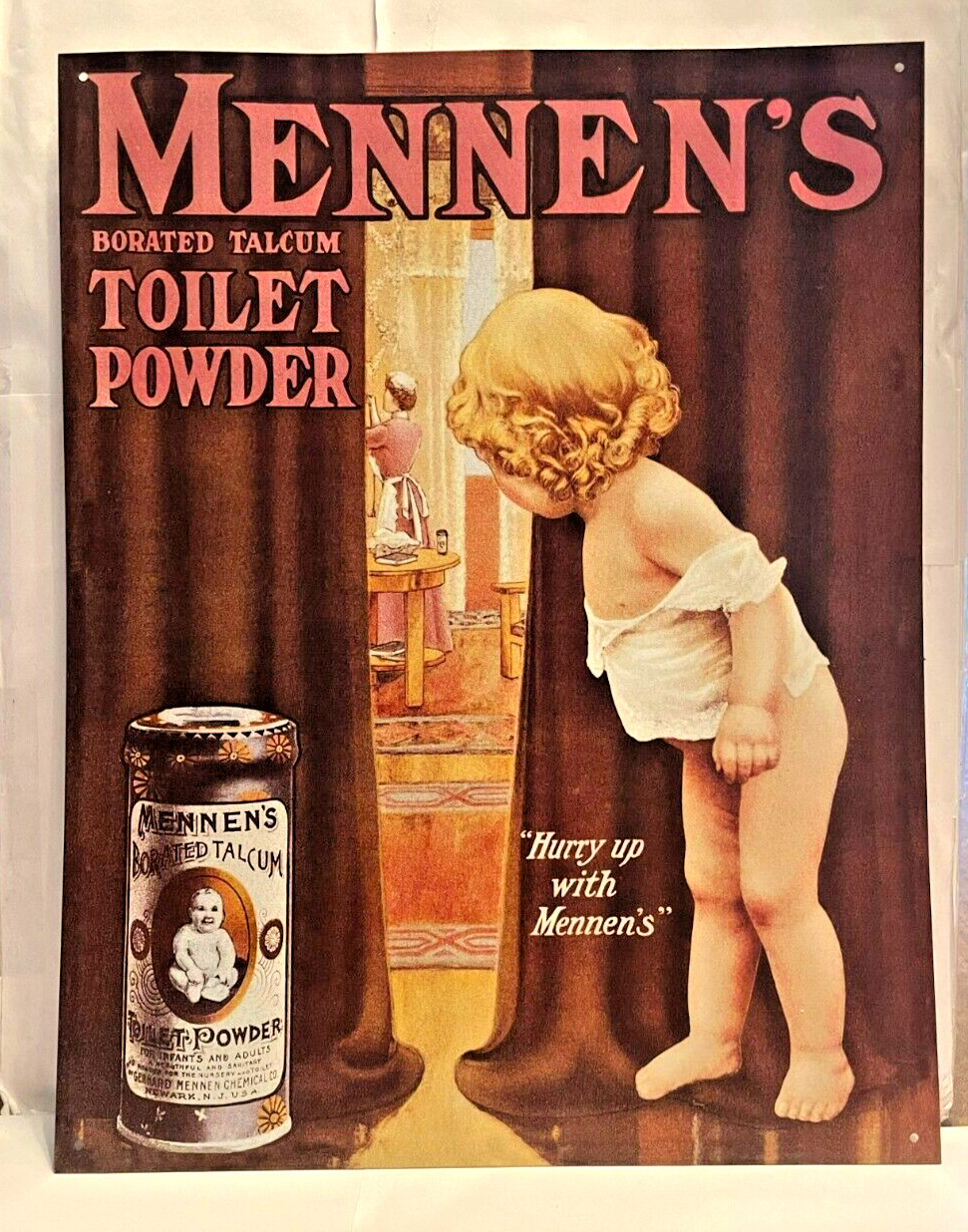 Mennen's Talcum Toilet Powder Retro Metal Sign 13'' X 16.5'' Excellent Condition