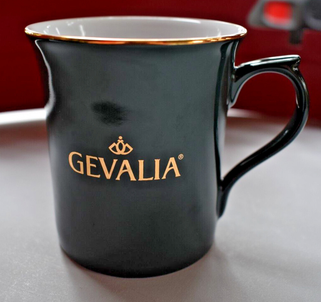 1990s GEVALIA Vintage Coffee Kaffe MUG Green Gold Rim Logo Swedish Majesty King